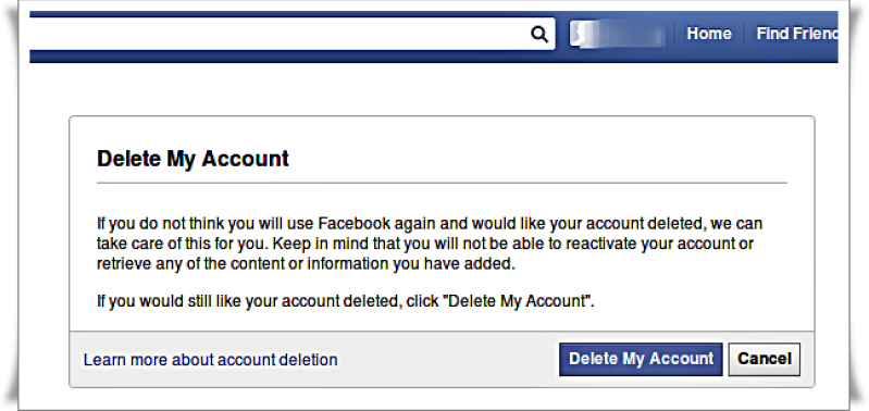 A pop-up that appears when permanently deleting a Facebook account. 