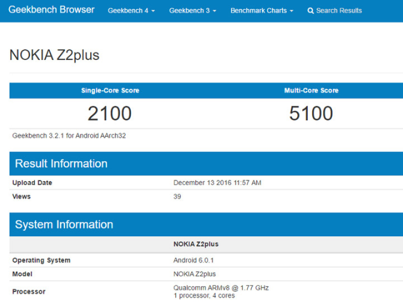 Nokia Z2 Plus Geekbench listing